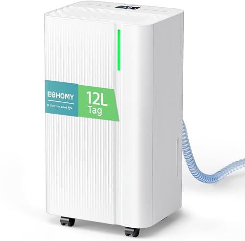 EUHOMY Luftentfeuchter Elektrisch 12L/24h, Leise & Stromsparende Raumentfeuchter mit Ablaufschlauch, Elektrischer Luftentfeuchter für 25m²/122m³ Wohnung, Schlafzimmer, Keller