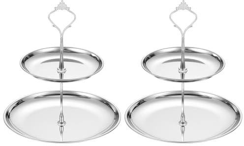 sourcing map 2 Sets 2-Tier Cupcake Stand Holder, Round Tiered Serving Tray Stainless Steel Cup Cake Stand for Dessert Fruit Table Birthday Party Decoration Display, Silver