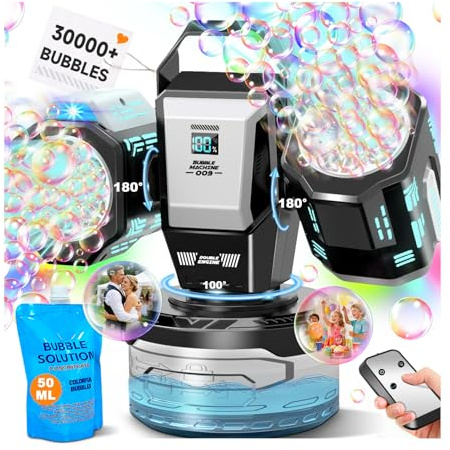 Rechargeable Bubble Machine with RGB Lights: 30,000 Bubbles Storm, Auto 360° Rotation & Remote Control - with Bubble Refill Solution & Power Display for Romantic Weddings, Kids Parties, Outdoor Fun