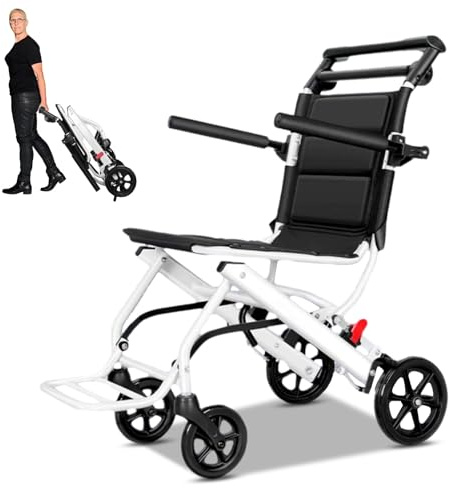 Fauteuil Roulant Pliable Leger Pliant et Portable pour Adultes, Cadre en Acier au Carbone, Roues en PU, Sangle de Sécurité Réglable, 8,2 kg, Capacité 90 kg, Idéal pour Voyage, Avion et Personnes Âgées