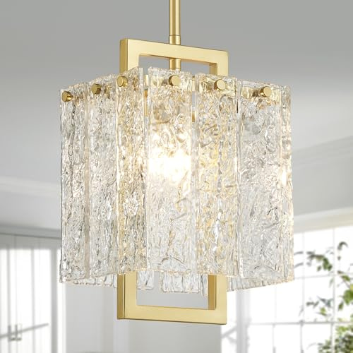 SHRINE Lighting Goldene Kronleuchter, Moderne Glas‑Pendelleuchte für Esszimmer, D16×H50cm, verstellbar bis 50,8″, 1 x E14‑Fassung, Glasschirm & goldener Rahmen