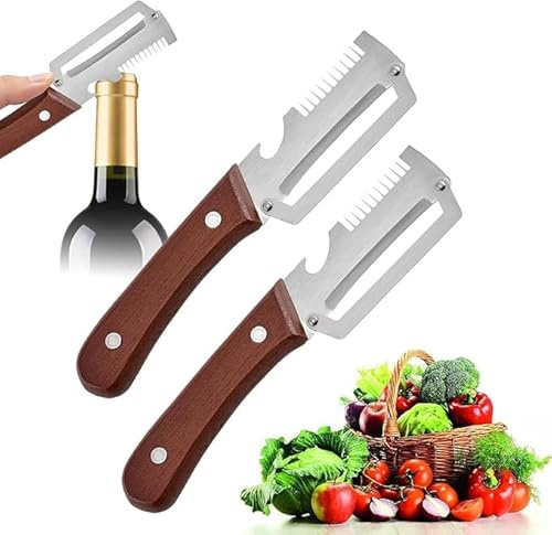 Pelaverdure Multifunzione, Manico In Legno Con Apribottiglie, 3 In 1, Taglierina Affettatrice In Acciaio Inox Per Cucina, Pelaverdure Ergonomico Per Patate, Carote, Zucca (2)