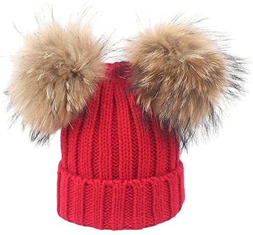 feifanshop Damen Unisex Wolle Mütze Strickmütze Fellbommel Groß Waschbär Fell Pelz Bommel Strick Mütze Winter-Mütze Bommelmütze