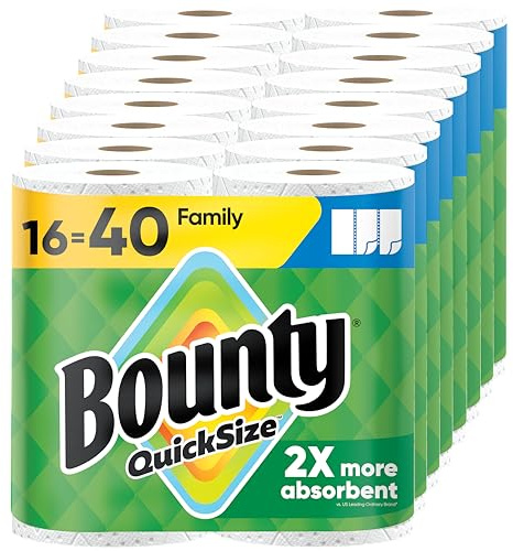 Bounty Paper Towels Quick Size, White, 16 Family Rolls = 40 Regular Rolls