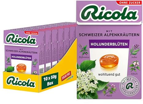 Ricola Holunderblüten, 10 Böxli Original Schweizer Kräuter-Bonbons mit 13 Alpenkräutern & fruchtig-blumiger Holunderblüte, zuckerfrei, 10 x 50g, vegan