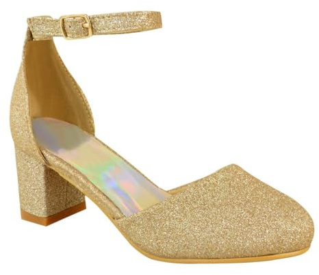 Fashion Thirsty Girls Kids Childrens Low Block Heels Diamante Wedding Party Shoes Bridesmaid Evening Occasion Comfort Heeled Glitter Strappy Dress Sandals Shoes