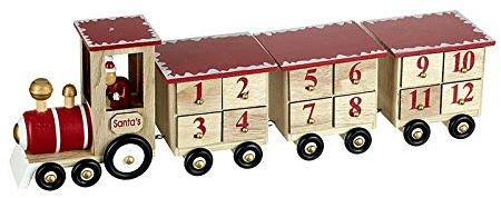 Adventskalender mit Weihnachtsmann-Zug, Naturholz und Rot