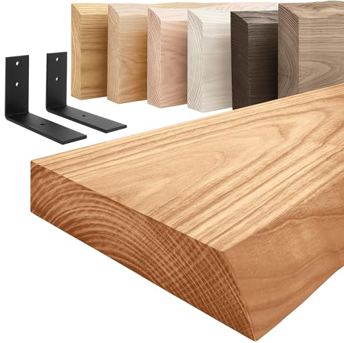 LAMO Manufaktur Holzregal mit schwarzen L-förmigen Halterungen | Wand Regal 100 cm breit für Wohnzimmer, Küche, Büro im Industrial-Stil | Farbe: Dunkel, Kante: natürlich | Massivholz
