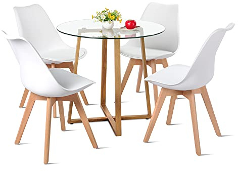 FUNITABLE Esstisch mit 4 Stühlen Essgruppe, 80 × 80 cm Runder Küchentisch aus Glas, Esszimmergruppe Tischgruppe für Bartisch Wohnzimmer Küche (Transparenter Tisch + 4 Weiße Stühle)