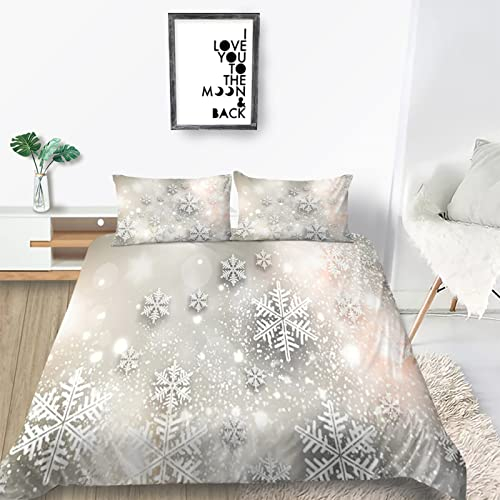 Bettwäsche 220x240 3 teilig Winter Bettbezug 220 x 240 Set mit Kissenbezüge, Winterbettwäsche 240x220 aus Mikrofaser Weich Bettwäsche Set mit Reißverschluss WeißE Schneeflocken