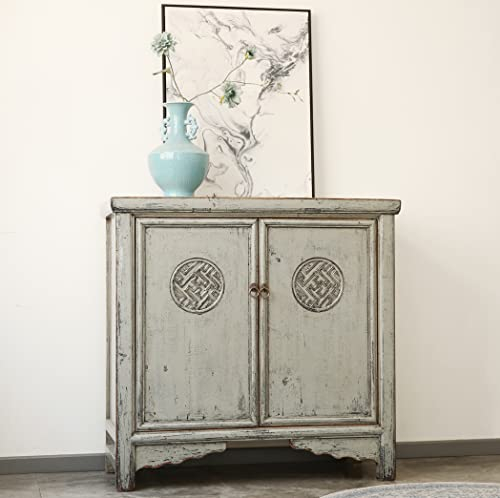 OPIUM OUTLET Kommode Sideboard Schrank Hochzeitsschrank Möbel aus Holz chinesisch asiatisch orientalisch Vintage kolonial Schnitzereien hellgrau