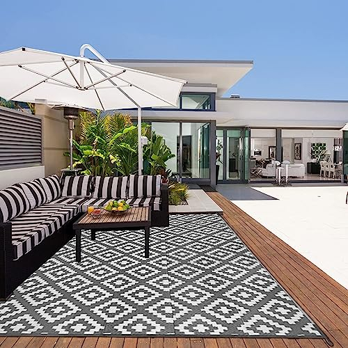 GAGALU Outdoor teppiche für Balkon wasserfest, 270 x 360cm Flachgewebe Kunststoff Picknickdecke, Grau Weiß Groß Außenteppich, Outdoor Balkonteppich für Terrassen RV Camping Garten