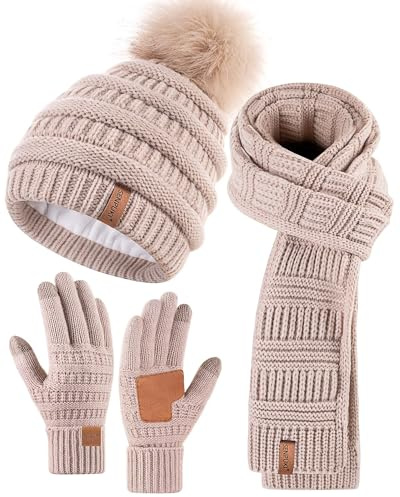 Womens Winter Beanie Hat Scarf Gloves Set, Cute Pom Pom Beanie with Warm Fleece Lined Long Knit Neck Scarf Touchscreen Gloves, 3 Piece Set for Cold Weather(Oatmeal)