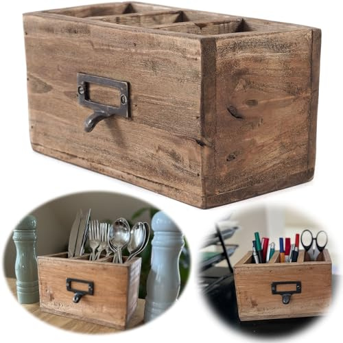 LS-LebenStil Holz Apotheker Schublade Napoli - Vintage Braun - 18x12cm - 3 Fächer Cutlery Besteckkorb Ablage Besteck-Utensilienhalter Stiftebox Stifteköcher Büro Schreibtisch Küchen-Organizer