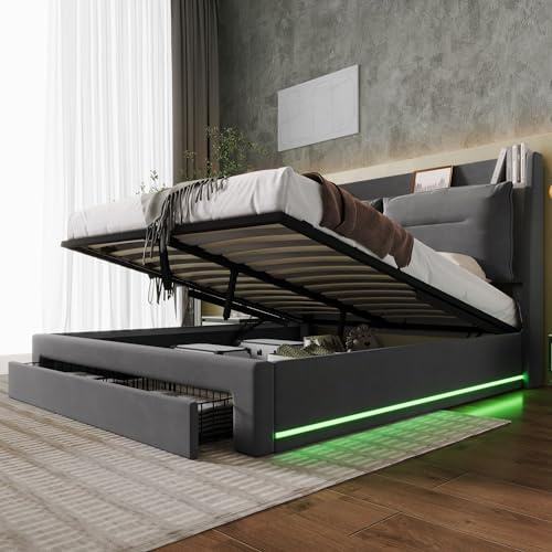 Kayan King Size Bed Frame, Fashion Upholstered Ottoman Bed, 5ft Bed Frame with Storage Drawers, Recessed LED Light Strips on Both Sides, Hydraulic Bed with Slats, Dark Grey Velvet 150x200cm