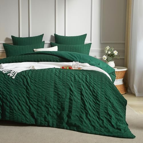 Luowei Parure de lit en Seersucker Vert Foncé Housse de Couette 220x240 cm Parure Housse Couette Microfibre Parure Lit 2 Personnes Douce Rayé avec Fermeture Éclair et 2 Taies d'oreiller 65x65cm
