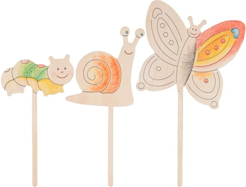 goki 58349 - Blumenstecker zum Anmalen, fördert die Kreativität, weckt den grünen Daumen, verschönert den Garten, dekorativ in Beeten und Töpfen, naturbelassenes Holz - 3er Set, ab 4 Jahre