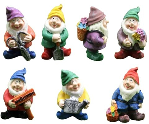 7PCS Mini Gnome Statue Set - Miniature Fairy Garden Figurines, Resin Ornaments for Outdoor, Holiday Festival Table Decor