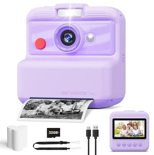 CAMCLID Fotocamera istantanea M6 per bambini, 7,6 cm, 48 MP, 2,5 K UHD, stampa istantanea, scheda da 32 GB, giocattolo educativo, regalo per bambine e bambini, 3-11 anni (viola)