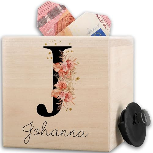Holz - Anfangsbuchstabe Initialen - Spardose mit Namen | Spardose Buchstabe Name | Sparbüchse Geschenk personalisiert - 10x10cm - Holz - personalisierte spardosen geldgeschenk Kinder Junge