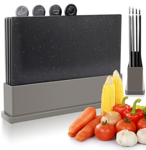 Myiosus Planche a Decouper, Ensemble de 4 Planches à Découper en Plastique Professionnelle, Index Planche a Decouper Antidérapant avec Etui de Rangementet, Réversible Decouper pour Cuisine