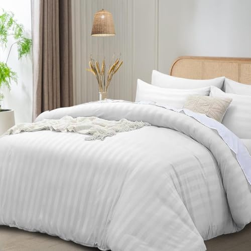 Funky Gadgets - Set copripiumino super king, bianco, in microfibra satinata a righe, set di biancheria da letto di lusso per hotel con federe, copripiumino traspirante ultra morbido reversibile.