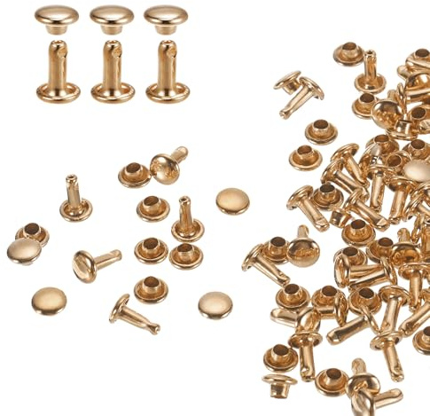 QUARKZMAN 60er Set Leder Nieten 6x8mm Runde Doppelkappe Tubular Metall Hohlnieten Spitznieten Zubehör Schraubnieten Rücknieten für Lochzange Gürtel Dekoration Kleidung Handwerk (Hellgold)