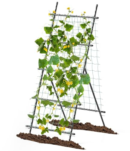 GOPLUS Gurken Rankhilfe, 187 cm hoch, Rankgitter Metall mit Ranknetz & Clips, A-förmiges Pflanzenspalier, Gurkenspalier Gurkengitter Gartenspalier Pflanzenstütze für Kletterpflanzen, Tomaten & Erbsen