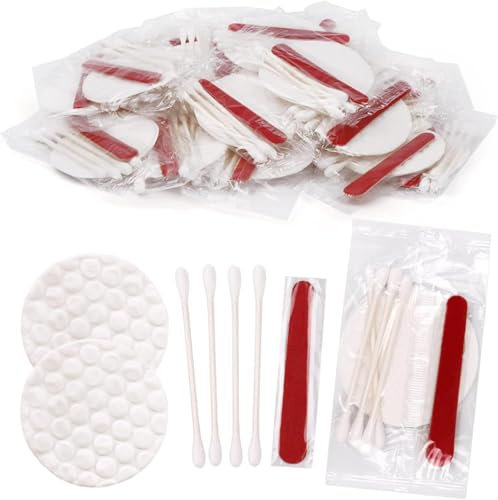 Lot de 100 coiffeuses d'hôtel emballées individuellement, kit d'hygiène jetable avec tampons en coton, cotons-tiges, lime à ongles pour maquillage de motels