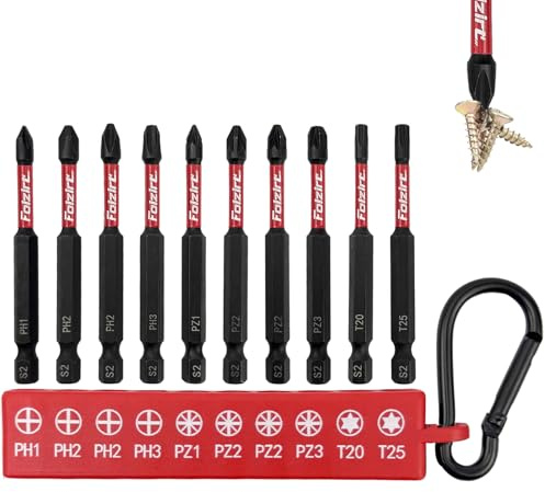 Folzirt 10 Stück 75MM lang Magnetisch Schraubendreher Bit Set für Schlagschrauber, Ph1-3/Pz1-3/T20/T25 S2 Stahl Impact Akkuschrauber Bitsatz, Magnetic Screwdriver mit einem starken Karabiner
