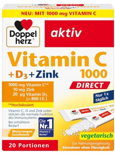 Doppelherz Vitamin C 1000, D3 und Zink DIRECT - Blutorangen-Geschmack | Hochdosiert mit Vitamin C, Zink und Vitamin D3 zur Unterstützung einer normalen Funktion des Immunsystems - 20 Portionen