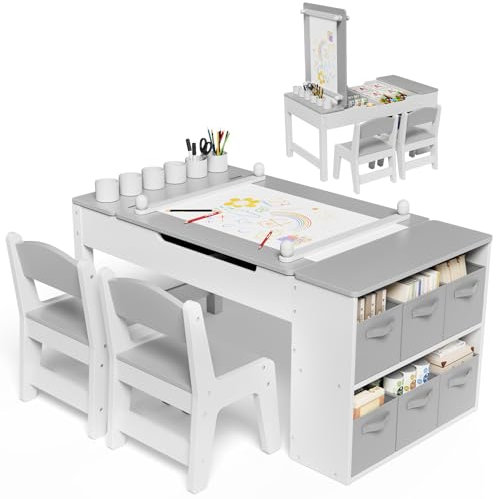 MAMIZO Kindertisch mit 2 Stühlen, Holz Tischstuhl Set, Stauraum, Maltisch mit Papierrolle, Maler- und Basteltisch
