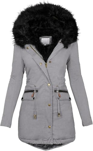 Vinterkappor Kvinnor Varm Fuskpälsfoder Huva Kappa Dam Plus Size Tjockare Jackor Mellanlång Ytterkläder, A-Gray, M