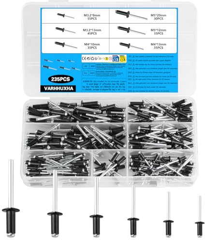 235 PcsRemaches Aluminio Negro, Remaches Ciegos de Aluminio con Brida Grande Negro, 3,2mm 4mm 5mm Remaches de Aluminio con Cabeza Ancha para barcos, coches, muebles, rieles, bricolaje