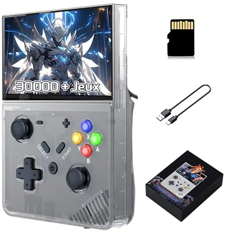 R43 Pro Console de Jeux Portable rétro 30000+ Jeux,25 émulateurs Console de Jeux rétro, écran LCD IPS 4,3 Pouces,système EmuELEC Console de Jeux vidéo Portable multilingue (Noir Transparent 128G)