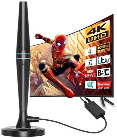 Indoor TV Aerial, Long Range Digital TV Aerial for Smart & Older TVs with Signal Booster, Magnetic Base, TV Antenna for Freeview Support 4K 1080P HD Local Channels & 18ft HD Cable