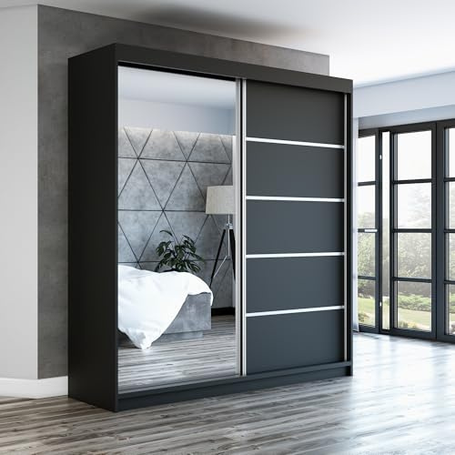 A&J MöbelLand Schwebetürenschrank GAPI Kleiderschrank 2-türig mit Spiegel, Garderobe 160 cm (Schwarz/schwarz/schwarz)