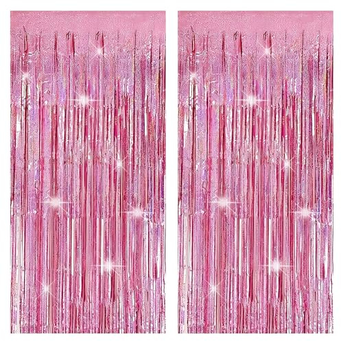 2 Stück Rosa Glänzender Hintergrund, Glänzende Pompon Glitzer Vorhang Geburtstag 1 x 2 m, Geeignet für Hochzeit Geburtstag Urlaub Bühne Lametta Vorhang