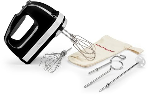 KitchenAid 9-Speed Hand Mixer, 85W Quiet DC Motor with Soft Start, 6 Accessories – Beaters, Whisk, Dough Hooks & Mixing Rod, Swivel Cord, Storage Bag Included, Onyx Black