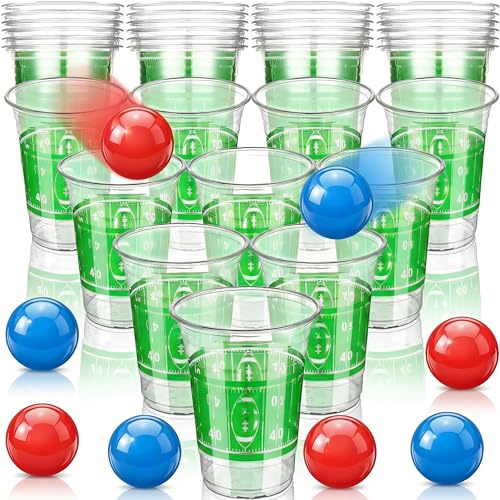 Teyva Daily 32 Pcs Football Party Game Beer Cup Table Tennis Game Set 24 Reusable Plastic Football Themed Cups 16oz and 4 Blue 4 Red Balls for Tailgate Picnics Birthday New Year Family Party