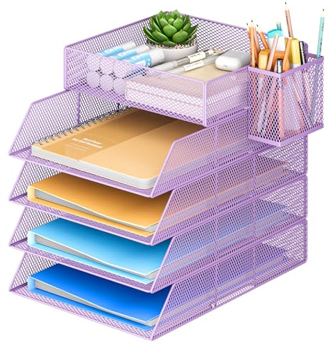 VITVITI Bandeja Apilable de 5 Niveles para Oficina, Organizador de Papeles para Escritorio, Bandejas para Archivos, Accesorios para Escritorio de Oficina con Soporte para Bolígrafos - Morado