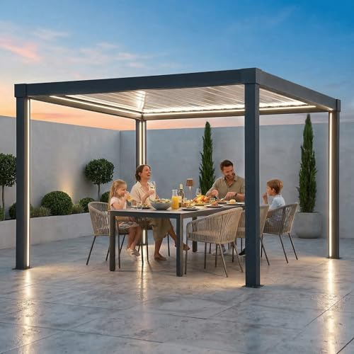 SUNJOY Lamellen-Pergola 3 x 3m mit Solar-LEDs, elektrisch verstellbares Alu-Hartdach mit Fernbedienung, integrierte Entwässerung, windstabil bis 80 km/h, für Terrasse & Garten (Anthrazit)