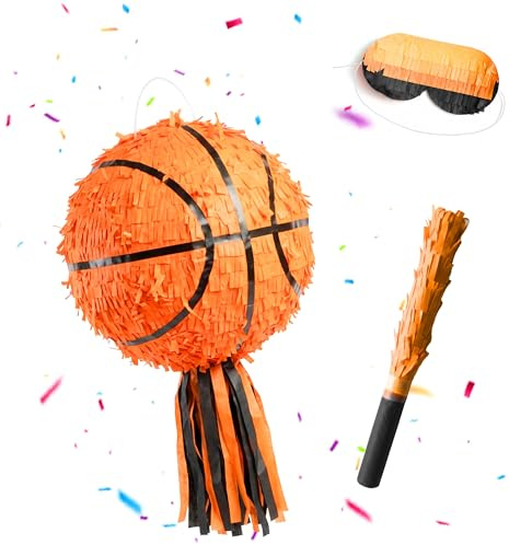 Relaxdays Pinata Basketball, mit Stab & Maske, Partypinata Kinder, Geburtstag, zum Befüllen, D: 25 cm, orange-schwarz