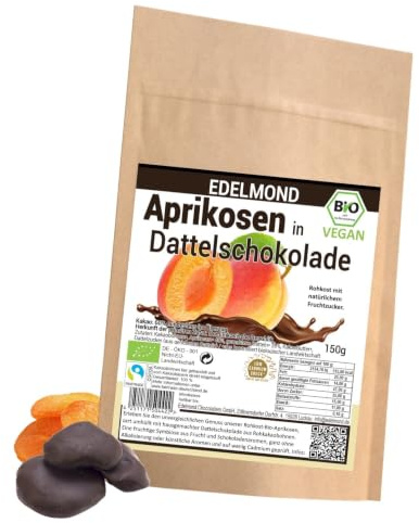 Edelmond Bio Aprikosen in Dattelschokolade 150 g, Low Cadmium, glutenfrei | Zartbitter mit natürlicher Dattelsüße, handgemacht in Deutschland, vegan, aus direktem Kakaoeinkauf,