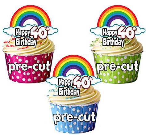 AK Giftshop PRECUT Rainbows - 40th Birthday - Edible Cupcake Toppers/Cake Decorations (Pack of 12)