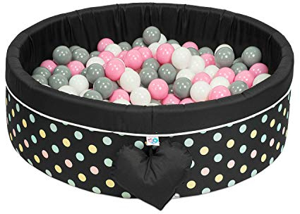 H&F Heimtextilien Bällepool Mit Bällen | Bällepool Für Babys Kinder 98X30cm (98x30 cm / 300 Bälle, Schwarz mit farbigen Punkten - Rosa, Weiß, Grau)