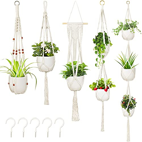 Macrame Hanging Planter, Set of 5 Plant Hanger Baskets, Handmade Flower Pot Holder for Home Indoor Outdoor Decor with 5 Pcs Ceiling Hooks(White)