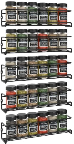 Vinsani 1/2/3/4/5/6 Tier Spice Racks Organiser - 5 Tier Flexible Herb Spices Condiments Jar Wall Mounted Hanging Storage with Adhesive Stickers & Screws For Pantry Kitchen Walls (Black)
