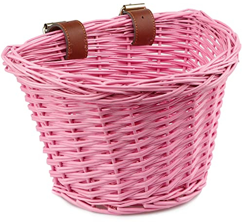 AVASTA Fahrradkorb für Kinder, Wicker Fahrradkorb für 12, 14, 16 Fahrrad, Roller, Dreirad, Lieferung mit Lederriemen, Größe XS, Rosa