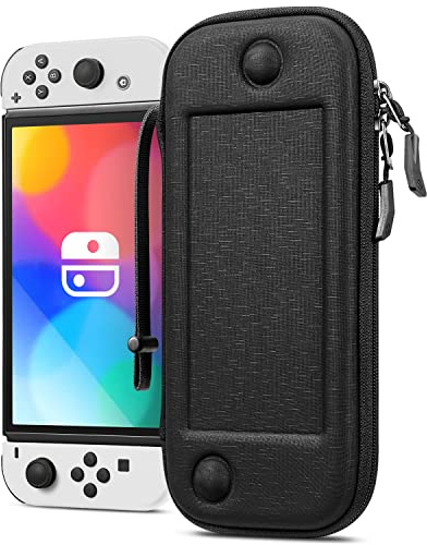 FINTIE Slim Tasche Kompatibel mit Nintendo Switch 2017/Switch OLED Modell 2021 - [Ultradünn] Stoßfeste Hartschalen Tragetasche mit 10 Spielkartenhaltern für Switch Konsole Joy-Con, Denim Schwarz